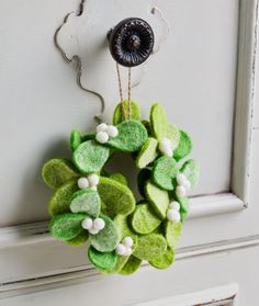 a green wreath hanging on the front door