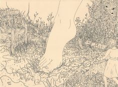 a drawing of a person walking in the woods