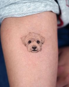 a small dog's face is shown on the thigh