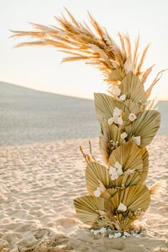 an arrangement of flowers and leaves in the sand