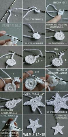 instructions to crochet an ornament for christmas tree ornaments, including star and snowflakes