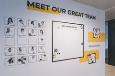 a white wall with pictures on it and the words'meet our great team '