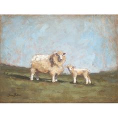 an oil painting of two sheep in a field