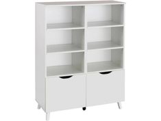 a white bookcase with two drawers on wheels