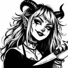 a black and white drawing of a woman with horns holding a knife