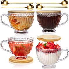 four different types of cups with strawberries in them and spoons next to each other