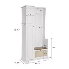 a tall white cabinet with drawers and measurements