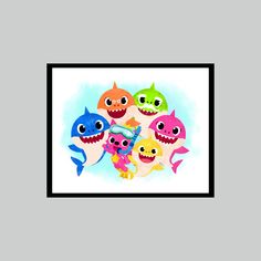 a group of cartoon sharks with big eyes and smiling faces in a square black frame on a gray background