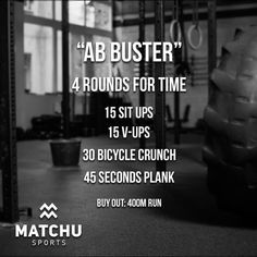 a black and white photo with the words ab buster 4 rounds for time on it