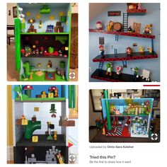 three pictures of shelves with legos and mario's house on them, one is in the process of being built