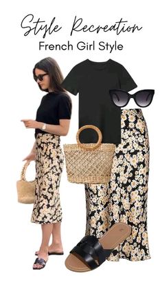 Straw Bag Outfit Casual, French Casual Outfits Summer, Black Skirt Outfit Street Style, Paris Inspired Outfits French Style, French Style Skirt Outfit, Parisian Style Spring 2024, Casual Spring Skirt Outfits, Italian Summer Street Style, Timeless Summer Outfits Classy