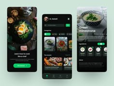 three mobile screens showing different food items