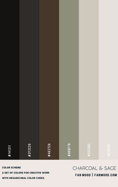 the color scheme for charcoal and sage is shown in black, brown, gray, and white