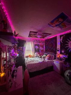 a bed room with a neatly made bed and purple lighting