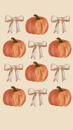 pumpkins with bows on them are shown in different colors and sizes, as well as ribbons