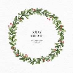 a christmas wreath with holly leaves and red berries on white paper, in the center is an xmas wreath hand painted watercolor illustration