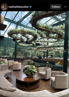 a room with couches, chairs and tables inside of it that has plants growing on the ceiling