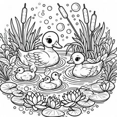 two ducks in the pond with lily pads and reeds coloring page for adults and children