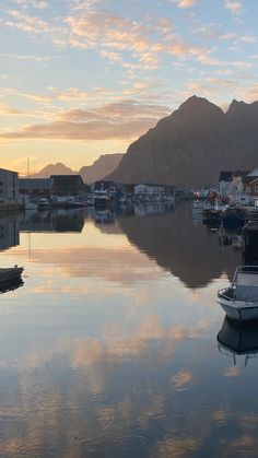 boats are docked in the water at sunset