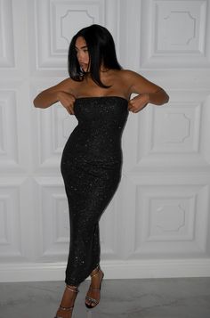 Strapless rhinestone midi dress with back middle slit True to size, stretchy material Model wearing size small Model Height: 5'4 Material: 95% Polyester, 5% Spandex Strapless Black Sequin Dress, Black Rhinestone Dress, Midi Dress Black, Strapless Midi Dress, Rhinestone Dress, Black Sequin Dress, Black Rhinestone, Black Sequins, Black Midi Dress