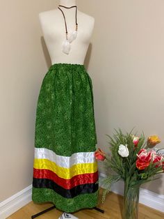 This Gorgeous Green Ribbon Skirt is made with Premium Cotton adorned a light covering of vines and fixed with 8x1.5" double sided satin ribbons in medicine wheel colors for a healing feeling. Fully serged seams for a neat and tidy finish. Made to fit a size 3/4XLarge waist. Waist band will stretch to 75" but can be adjusted to fit smaller waist after purchase / before shipping! Length is 38.5" but can be shortened if requested.  Machine wash on cold gentle cycle inside out or handwash, hang to d Ribbon Dress, Smaller Waist, Medicine Wheel, Satin Ribbons, Green Ribbon, Neat And Tidy, White Ribbon