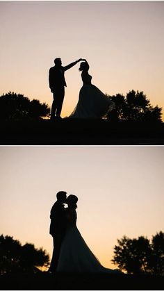 two pictures of a bride and groom in silhouette at sunset or dawn with trees behind them