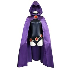 a purple cloak with red buttons on the chest and hood is attached to a mannequin's head