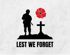 a soldier standing next to a grave with a poppy on it and the words, let we forget