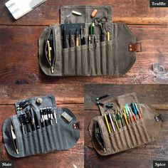 three different types of pens and pencils in an organizer on top of a wooden table