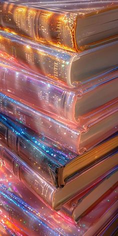 a stack of books sitting on top of each other in front of a window filled with lights