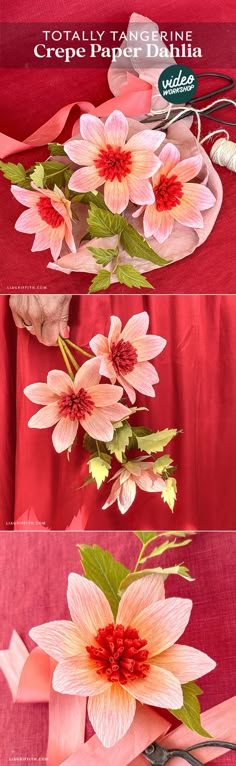 three different pictures of flowers on a red table cloth with pink and green leaves in the center