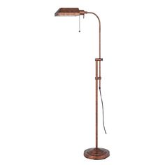 a floor lamp with a wooden base and a metal shade on the top of it