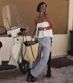 White Strap Top Outfit, Euro Beach Outfit, Lunch Summer Outfit, Italy Fashion Aesthetic, White Spaghetti Strap Top, Statement Sunglasses, Summer Outfits 2024, White Spaghetti, White Spaghetti Strap