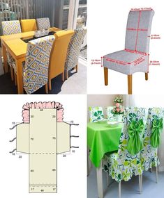 four different chairs and table covers with measurements