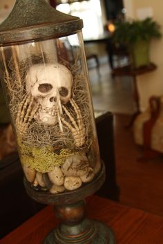 a glass jar filled with rocks and bones