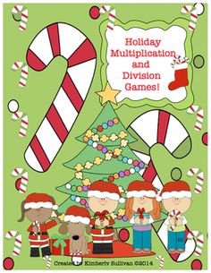 a christmas card with candy canes and children around the christmas tree, which reads holiday addition and subtraction games