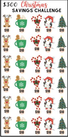 christmas savings chart with coffee cups and reindeers