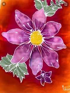 an orange and purple flower with green leaves on the petals is painted in acrylic paint