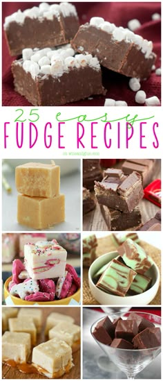 a collage of fudge desserts including brownies, marshmallows and chocolate