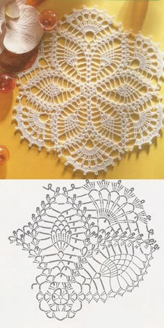 crochet doily pattern with flowers and leaves on the bottom, and an image of