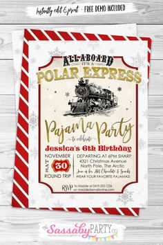 an old fashioned polar express birthday party with snowflakes and red stripes on it