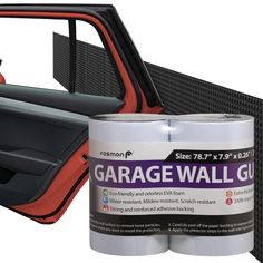 the interior of a car with two rolls of garage wall glue next to it