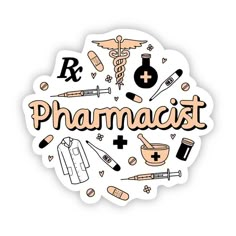 sticker with the words pharmist surrounded by medical icons and symbols in black on a white background