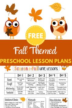 the fall lesson plan with an owl and leaves on it, including free printables