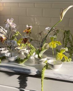 several white bowls filled with flowers on top of a marble counter topped with green moss