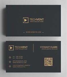 two black and gold business cards with qr code on the front, one for techevent