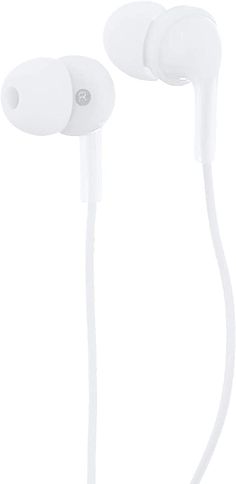 the earphones are white and have two microphones attached to each side of them