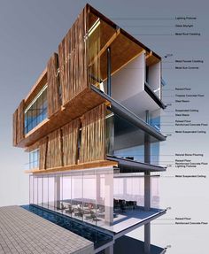 an architectural rendering of a building with wood and glass on the top floor, surrounded by other details