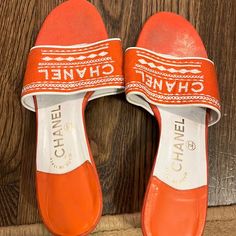 Great Condition Chanel Linen Embroidered Shoes - Size 37 Orange Made In Italy Designer White Flat Heels, White Embroidered Summer Heels, White Embroidered Heels, Chanel Orange, Shoes Chanel, Embroidered Shoes, Chanel Shoes, Orange White, Color Orange