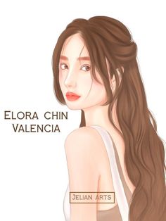 a drawing of a woman with long brown hair and red lipstick, wearing a white tank top